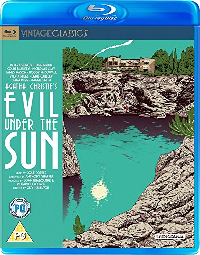 Blu-ray cover for "Evil Under The Sun" featuring a coastal landscape.