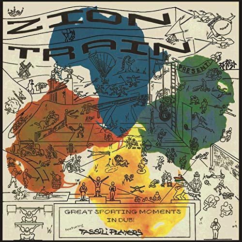 Zion Train album cover: colorful illustration of sporting figures and scenes.