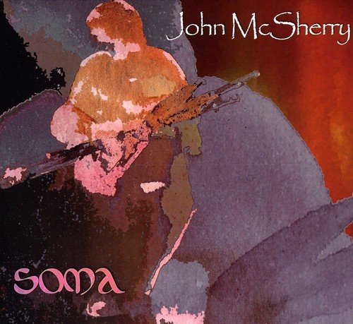 "Album cover with abstract illustration of a man playing a guitar, text 'John McSherry Soma'."
