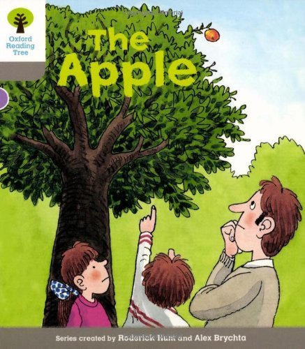 "Children's book cover featuring a man and two children looking up at an apple tree."