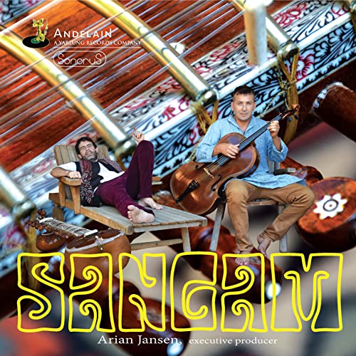 Two musicians with sitar and cello, album cover for "Sangam".