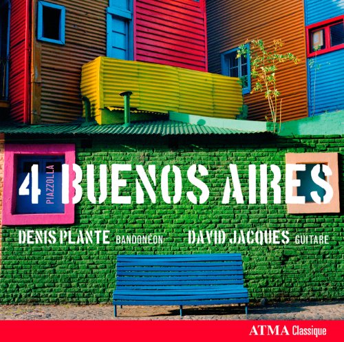 "CD cover with colorful buildings, green brick wall, and blue bench, titled 'Buenos Aires'."
