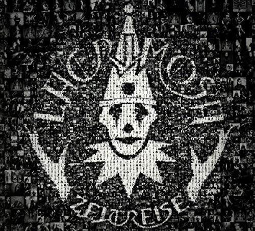 Black and white CD cover with a jester face formed from many images.