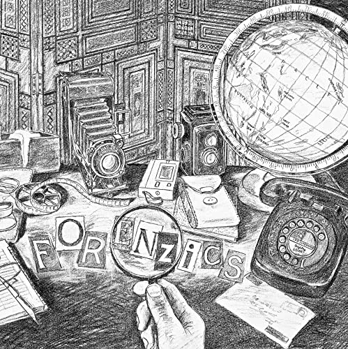 Black and white sketch of vintage detective tools with "Forenzics" text.