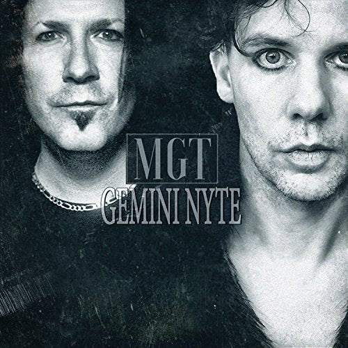 "Black and white album cover with two men's faces and 'MGT Gemini Nyte' text."