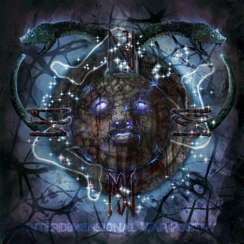 Dark album cover with a face, snakes, and star-like sparkles.