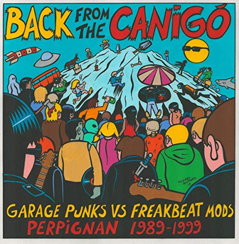 "Album cover art featuring cartoon crowd at a mountain festival with colorful text."