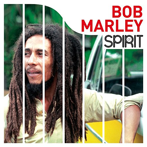 Bob Marley portrait with vertical stripes and red text “Spirit”.