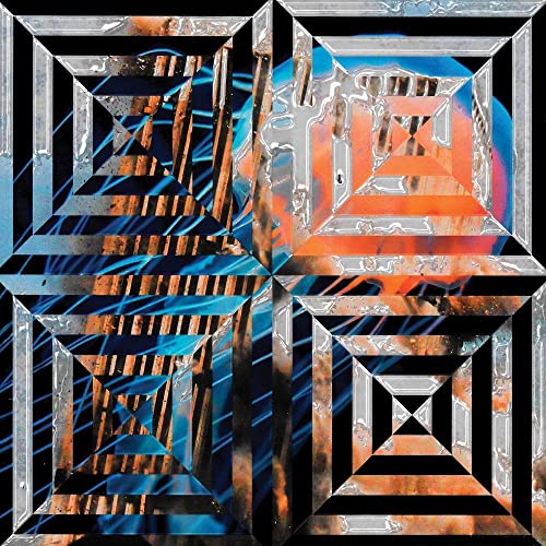 Abstract album cover with geometric shapes and orange, blue, black tones.