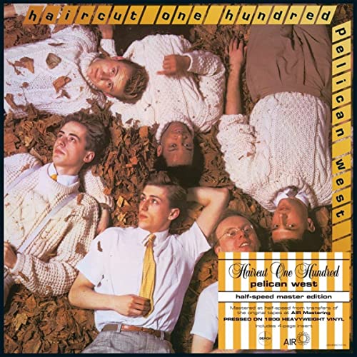 Album cover for Haircut 100’s “Pelican West” featuring band members lying in leaves.