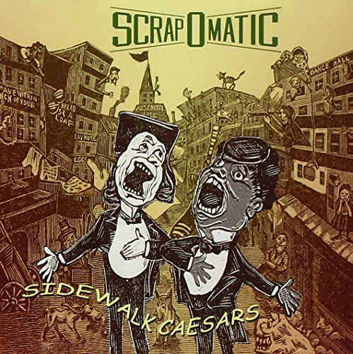 Album cover with two men singing, set against a cityscape background illustration.