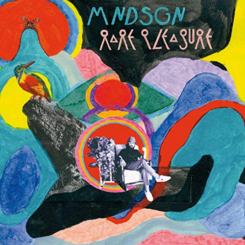 CD cover for Mndsgn’s “Rare Pleasure” featuring colorful abstract shapes and a man.