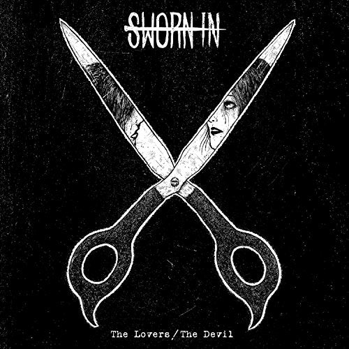 "Album cover art featuring scissors with faces on the blades against a black background."