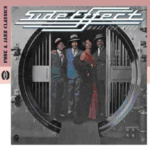 "Album cover featuring four people in formal attire exiting a vault door."