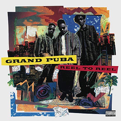 Album cover for Grand Puba’s “Reel To Reel” featuring three men and collage art.