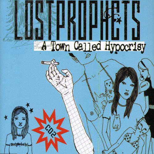 "Album cover with cartoon drawings and text 'Lostprophets' and 'A Town Called Hypocrisy'."