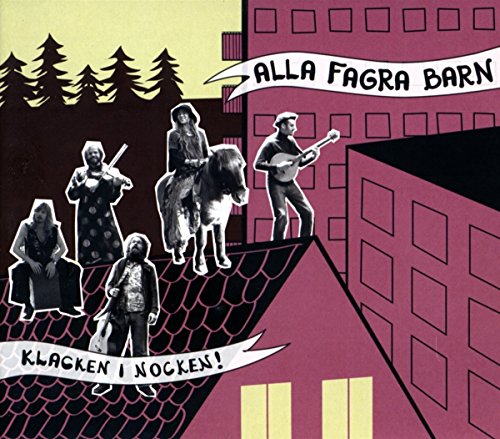 CD cover: collage of figures with instruments on a red rooftop.