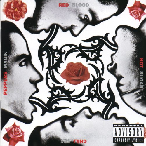 "Album cover with four black and white faces and a red rose in the center."