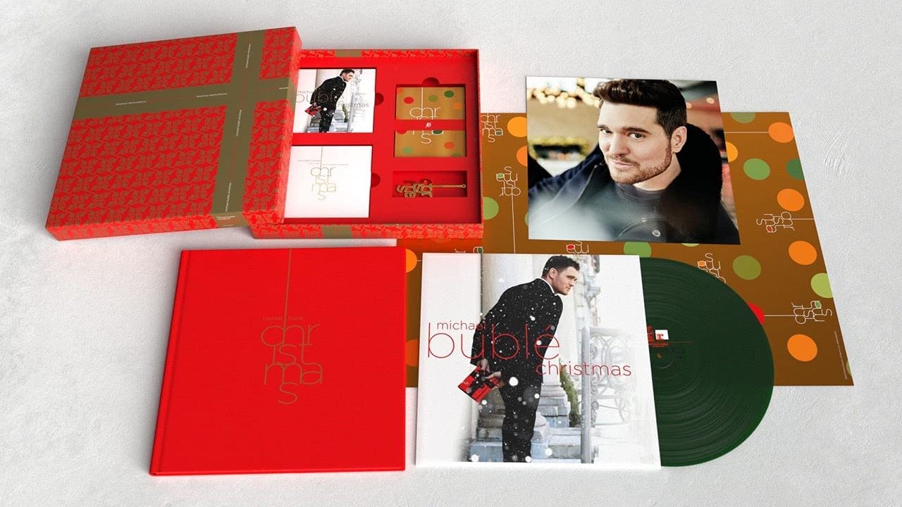 Michael Bublé Christmas vinyl record and accessories displayed on a white background.