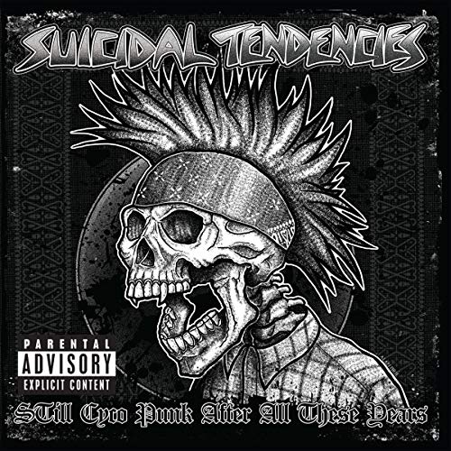 "Album cover featuring a punk-rock skeleton with mohawk, 'Suicidal Tendencies' and 'Parental Advisory' label."