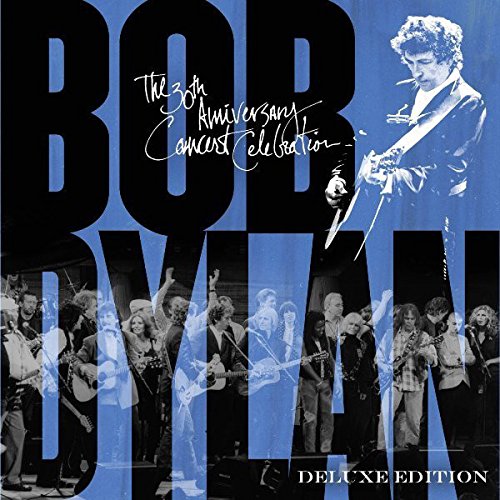"Blue vinyl album cover with 'Bob Dylan' in large black letters and concert images."