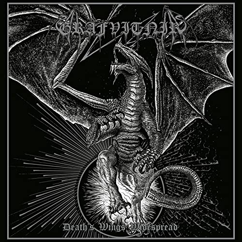Black and white illustration of a dragon with outstretched wings, album art.