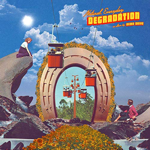 Vinyl album cover with surreal illustration of people near an archway and gondola lifts.