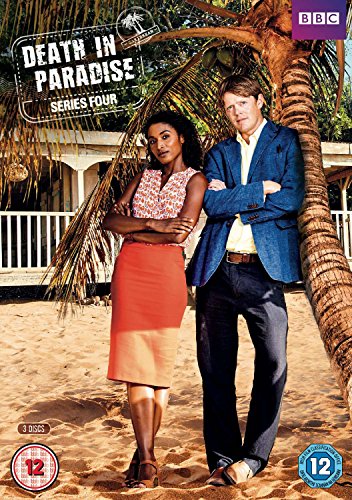 "Death in Paradise Series 4 DVD cover featuring two actors on a sandy beach."
