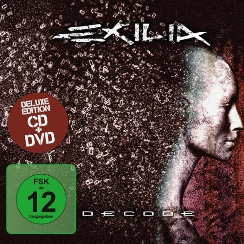 Album cover for Exilia Decode featuring a profile silhouette dissolving into digital characters.