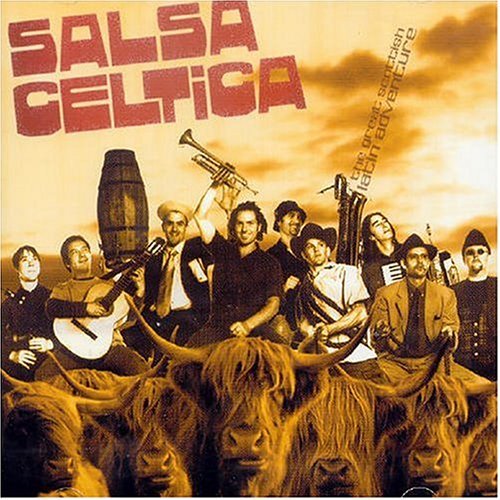 "CD cover with 'Salsa Celtica' title, musicians, and Highland cattle, against a cloudy sky."