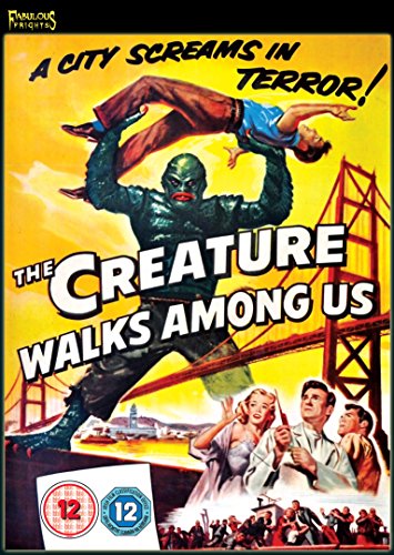 DVD cover art for "The Creature Walks Among Us" with monster and frightened people.