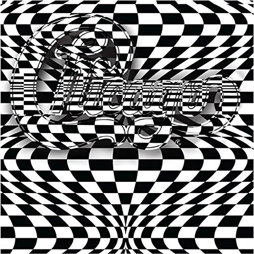 A black and white checkered pattern with a silver trumpet in the center.