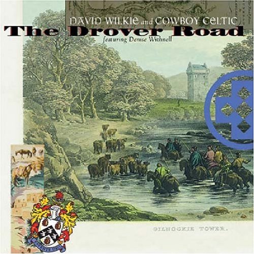 "CD cover with cowboys herding cattle across a river, medieval tower in background."
