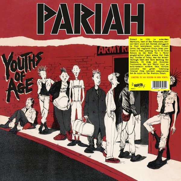 Red vinyl record cover featuring a cartoon punk rock crowd.