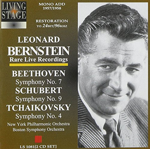 "CD cover with Leonard Bernstein portrait, white text on brown background, 'Living Stage' logo."