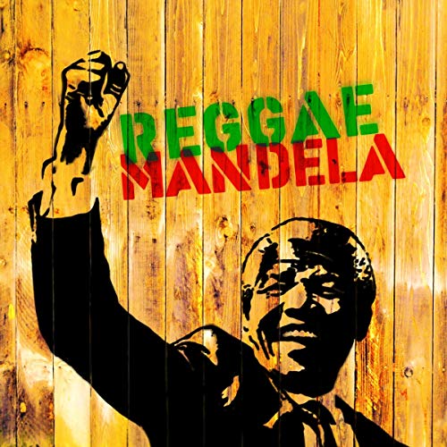 "Album cover with a man raising fist, 'REGGAE MANDELA' text on wooden background."