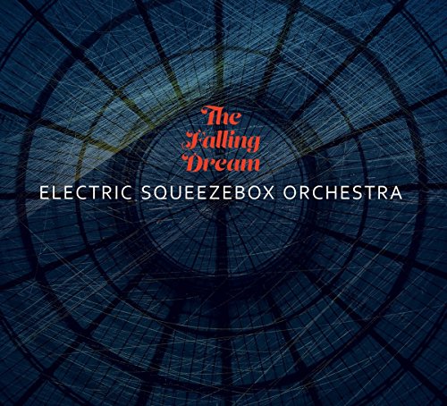 "Album cover with 'The Falling Dream' in red text on a blue grid background."