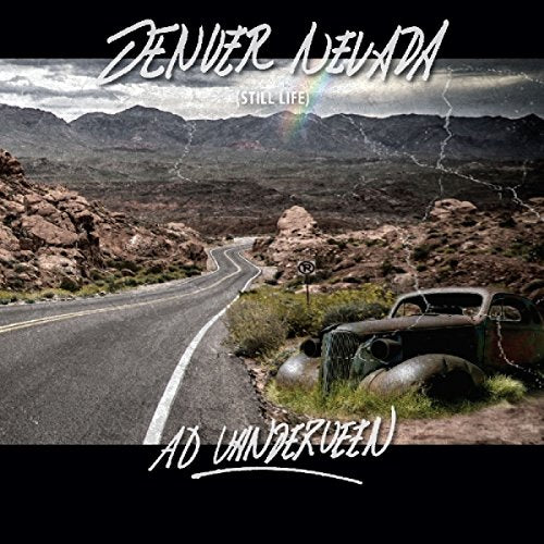 "Album cover with desert road, old cars, and stormy sky, titled 'Denver Nevada' by Ad Vanderveen."