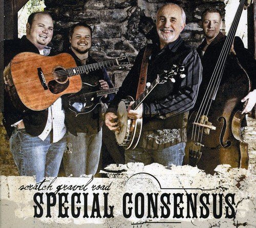 Four musicians with banjo, guitar, and bass pose in front of a stone wall.