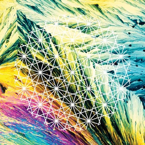 Abstract colorful brushstrokes with a white geometric shape overlay.