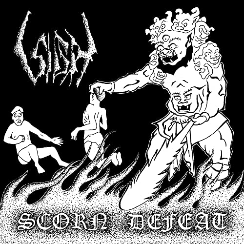 Black and white album cover for Sigh’s “Scorn Defeat” with demonic figures.