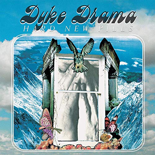 "Album cover with a white door, butterfly, and bird against a snowy mountain backdrop."
