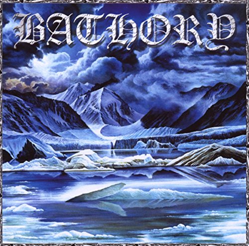 "Bathory album cover featuring icy landscape with mountains, water, and cloudy sky."