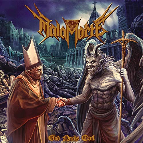 CD cover: Bishop shaking hands with a demonic figure in a ruined city.