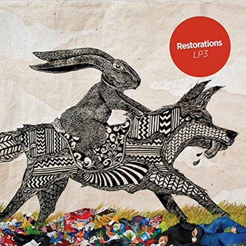 Rabbit riding a wolf, detailed black and white illustration, red circle text.