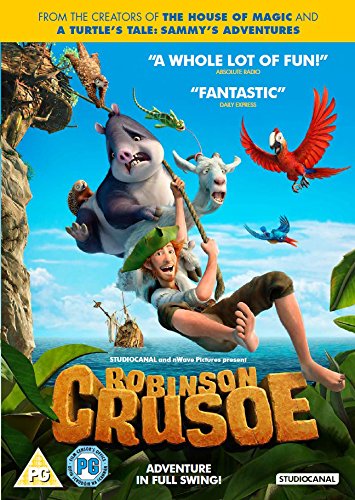 Animated movie poster featuring Robinson Crusoe with animal companions on an island.