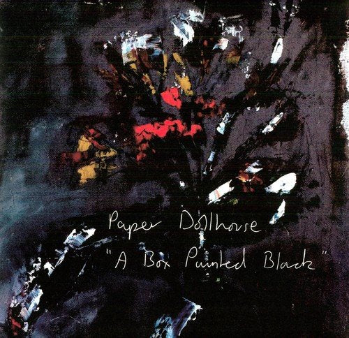 The image depicts the album cover for "A Box Painted Black" by Paper Dollhouse. A concise and descriptive alt text for this image could be: "Dark album cover with abstract black and red design."
