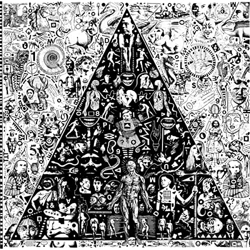 Black and white collage of surreal illustrations arranged inside a large central triangle.