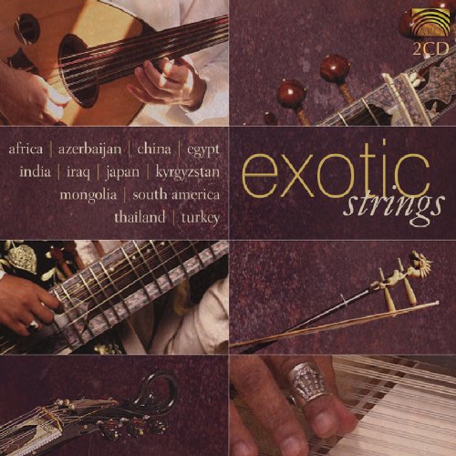 "CD cover featuring stringed instruments from various cultures, with 'exotic strings' title."