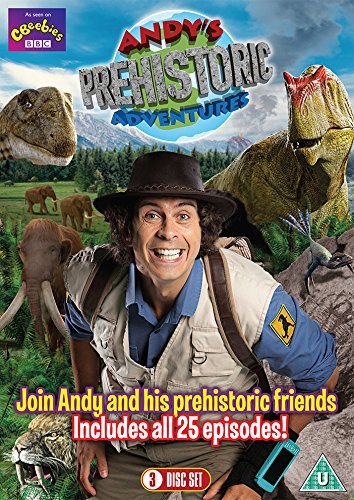DVD cover featuring a smiling man surrounded by dinosaurs in a prehistoric landscape.
